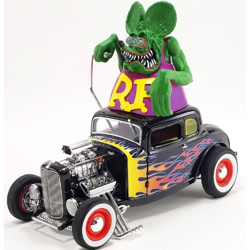 1/18 1932 Ford Blown 5 Window Coupe Black with Flames and Rat Fink Figure Limited Edition to 522 pieces Worldwide