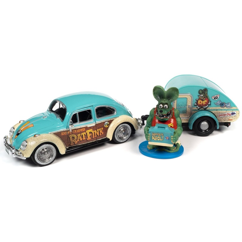 1/24 Rat Fink 1966 Volkswagen Beetle with Tear Drop Trailer with Rat Fink Figure