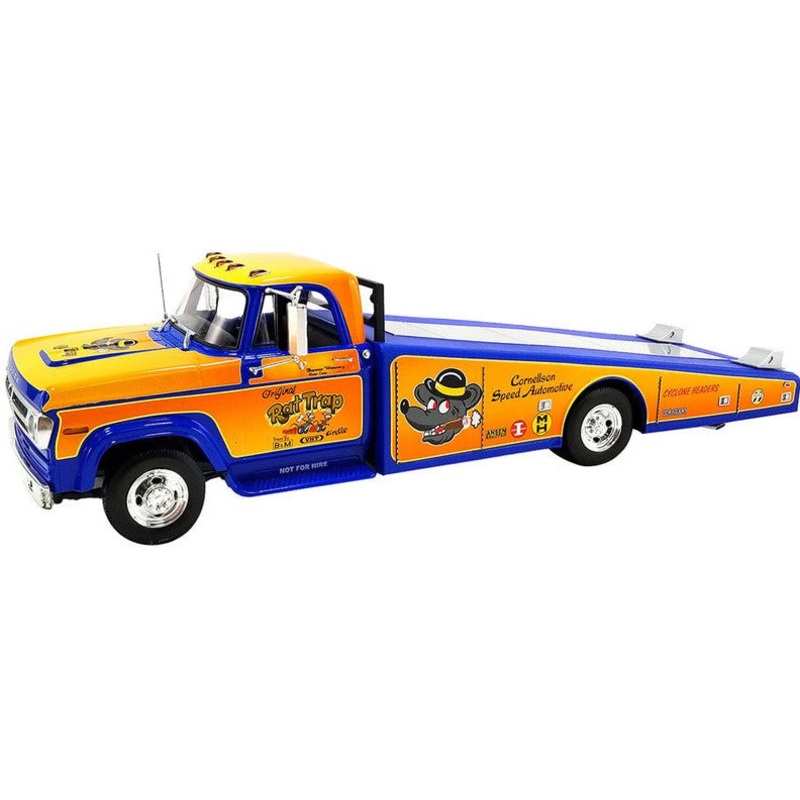 1/18 1970 Dodge D-300 Ramp Truck Orange and Blue with Graphics "The Original Rat Trap"